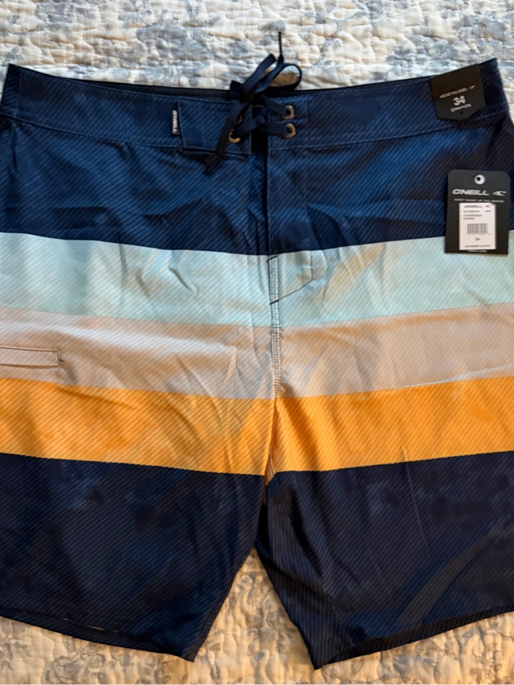 NWT O’Neill Men's 34 Navy, Light Blue, Yellow Striped Swim Boardshorts
